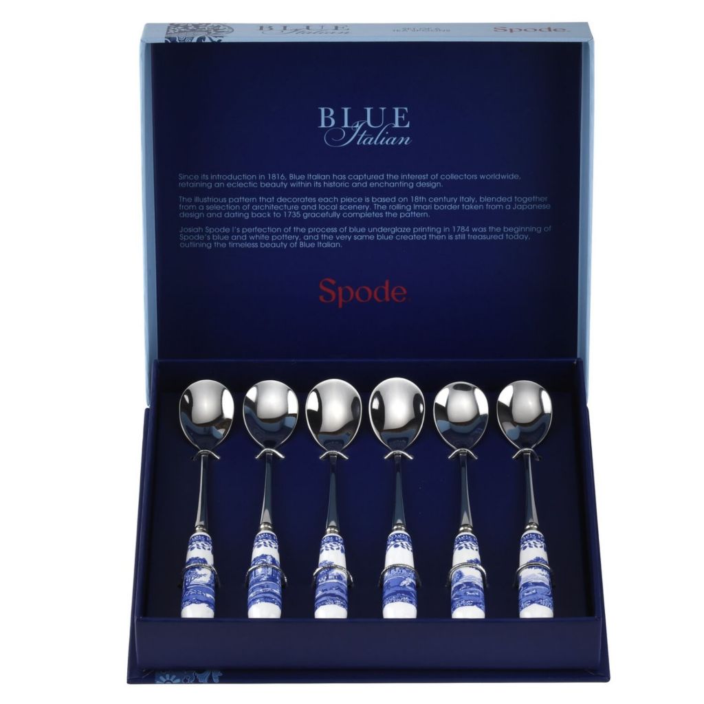 Set of 6 Spode Blue Italian Stainless Steel Teaspoons with Porcelain Handles 